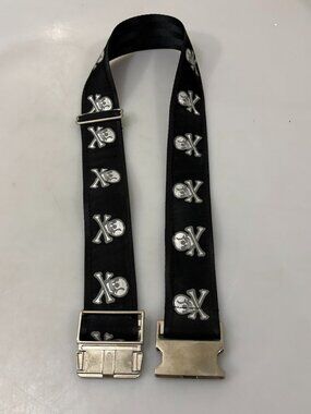 Black Fabric Silver Skull and Crossbones Seatbelt Style Adjustable Belt 2" Wide